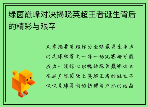 绿茵巅峰对决揭晓英超王者诞生背后的精彩与艰辛