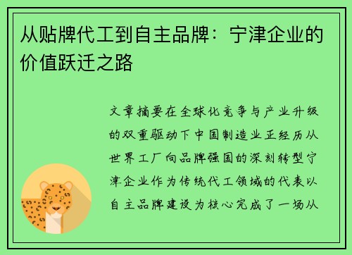 从贴牌代工到自主品牌：宁津企业的价值跃迁之路