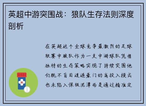 英超中游突围战：狼队生存法则深度剖析