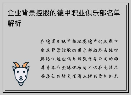 企业背景控股的德甲职业俱乐部名单解析