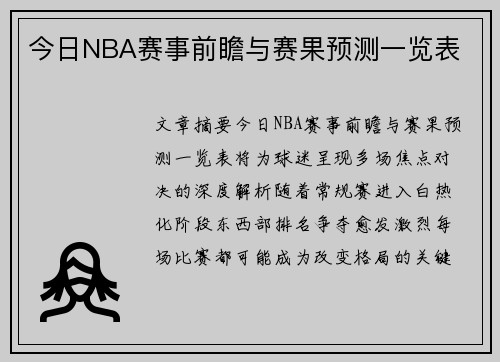 今日NBA赛事前瞻与赛果预测一览表